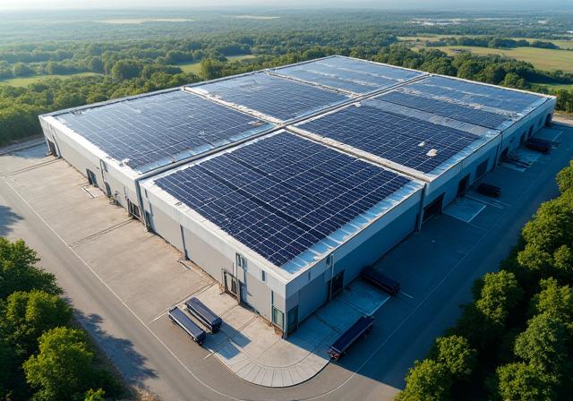 Vue aérienne du centre logistique ECOTRANS avec des panneaux solaires sur le toit.