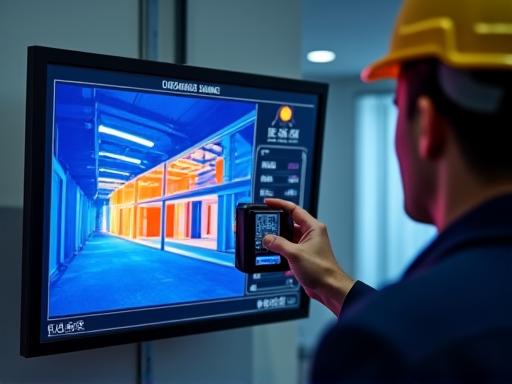 Ingénieur utilisant une caméra thermique dans un bâtiment commercial.