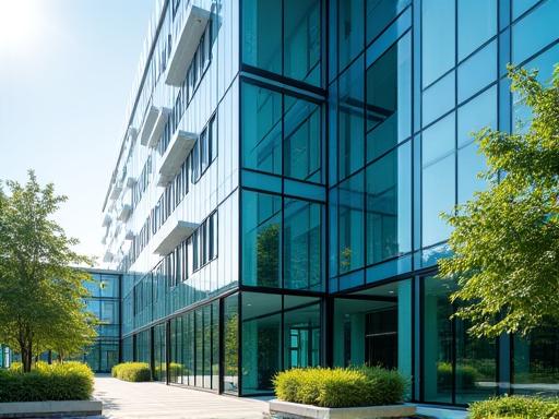 Bâtiment de bureaux moderne avec une façade en verre et des éléments verts.