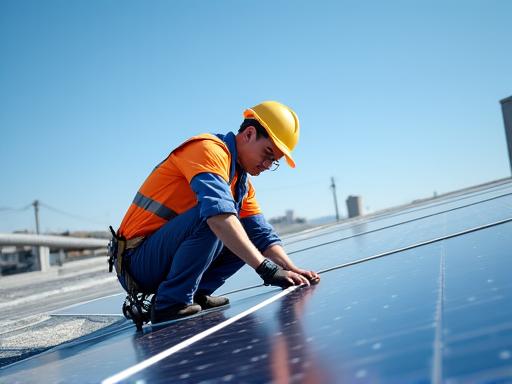 Technicien installant des panneaux solaires sur un toit industriel.